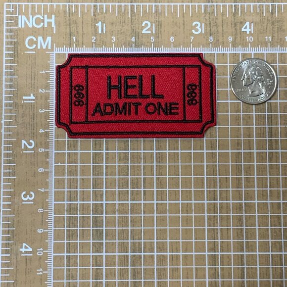 Hell Admit One 666 Ticket Embroidered Iron On Sew Patch Red Black Punk Goth - Picture 2 of 5